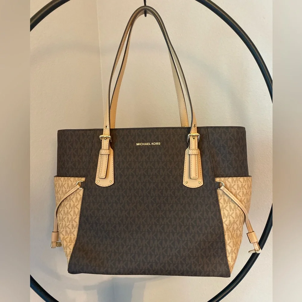 Dark Brown and Beige Bag Michael Kors Voyager East West Tote